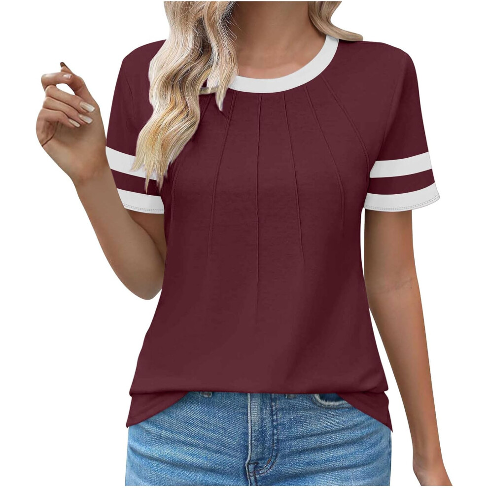 (XXL, 002 Wine) Summer Tops for Women UK Clearance Ladies Tops Womens Dressy Casual Blouses Trendy Short Sleeve T-Shirts Business Work Blouse Pleated