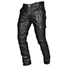 Men's Black Leather Motorcycle Pants, Waterproof Biker Pants with Protectors, Soft Gothic Leather Jeans Size S