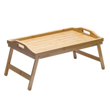 Bamboo Nightstand Bed Tray with Foldable Legs, Adjustable Viewing Angle, Compact Multifunctional Storage in Wood Color