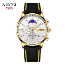 (Gold, white and yellow adhesive tape) Men's luminous waterproof watch, stainless steel moon phase silicone strap quartz watch