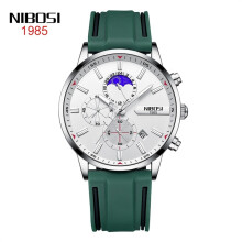 (Stainless steel white-faced green tape) Men's luminous waterproof watch, stainless steel moon phase silicone strap quartz watch