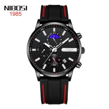 (All black, silver nails and red tape) Men's luminous waterproof watch, stainless steel moon phase silicone strap quartz watch