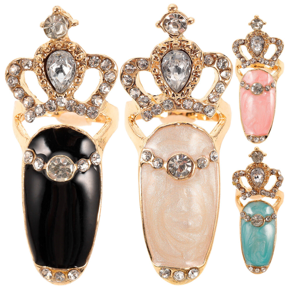 Totority 4Pcs Crown Nail Ring Rhinestone Fingernail Art Decoration