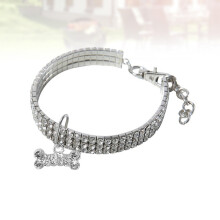 1Pc White Rhinestone Dog Collar with Bone Charm Elastic Pet Neckchain