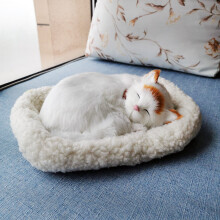 (White Brown) Realistic Sleeping Plush Breathing Cat Furry Dog With Mat Creative Decor Animals