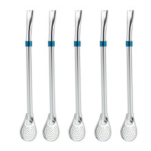 5Pcs Stainless Steel Stirring Straw Spoon Blue Filtered Drinking Tool