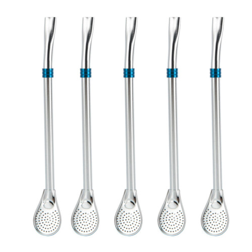 5Pcs Stainless Steel Stirring Straw Spoon Blue Filtered Drinking Tool
