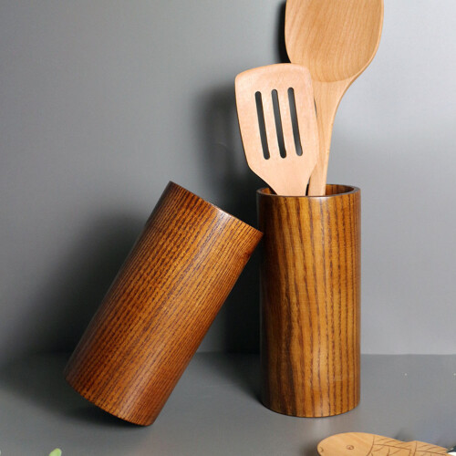 Natural Wood Kitchen Utensil Holder Compact Dining Table Organizer 1