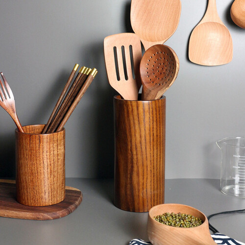 Natural Wood Kitchen Utensil Holder Compact Dining Table Organizer 2