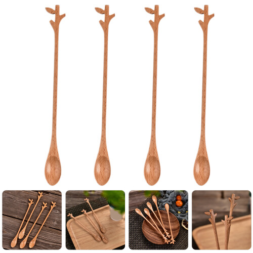 4pcs Iced Tea Spoons Wood Light Brown For General Users 1