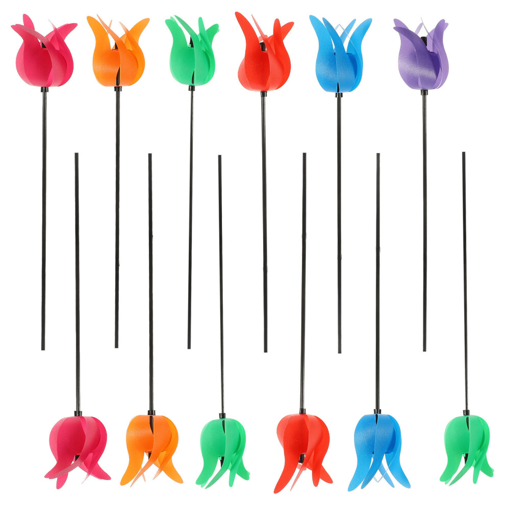 Ohphcall 12Pcs Tulip Style Windmills Decorative Ornaments (Assorted Colors)