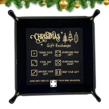 Dice Tray with Dice Set, Faux Leather Rolling Tray for Board Games, Engraved Exchange Rules, Black for All Ages