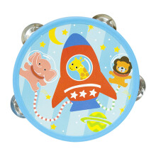 Tambourine, Wooden Hand Drum for Kids, Cute Animal Motif, Musical Instrument Toy for Boys and Girls, Rockets Design