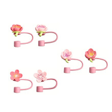 Flexible Silicone Straw Caps with Floral Lid, 6-Pack Straw Accessories for Travel and Sports, BPA-Free and Reusable