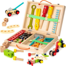 Werkzeugkasten für Kinder, Werkzeugkasten aus Holz mit bunten Holzwerkzeugen, Baukasten Spielzeug kreativ