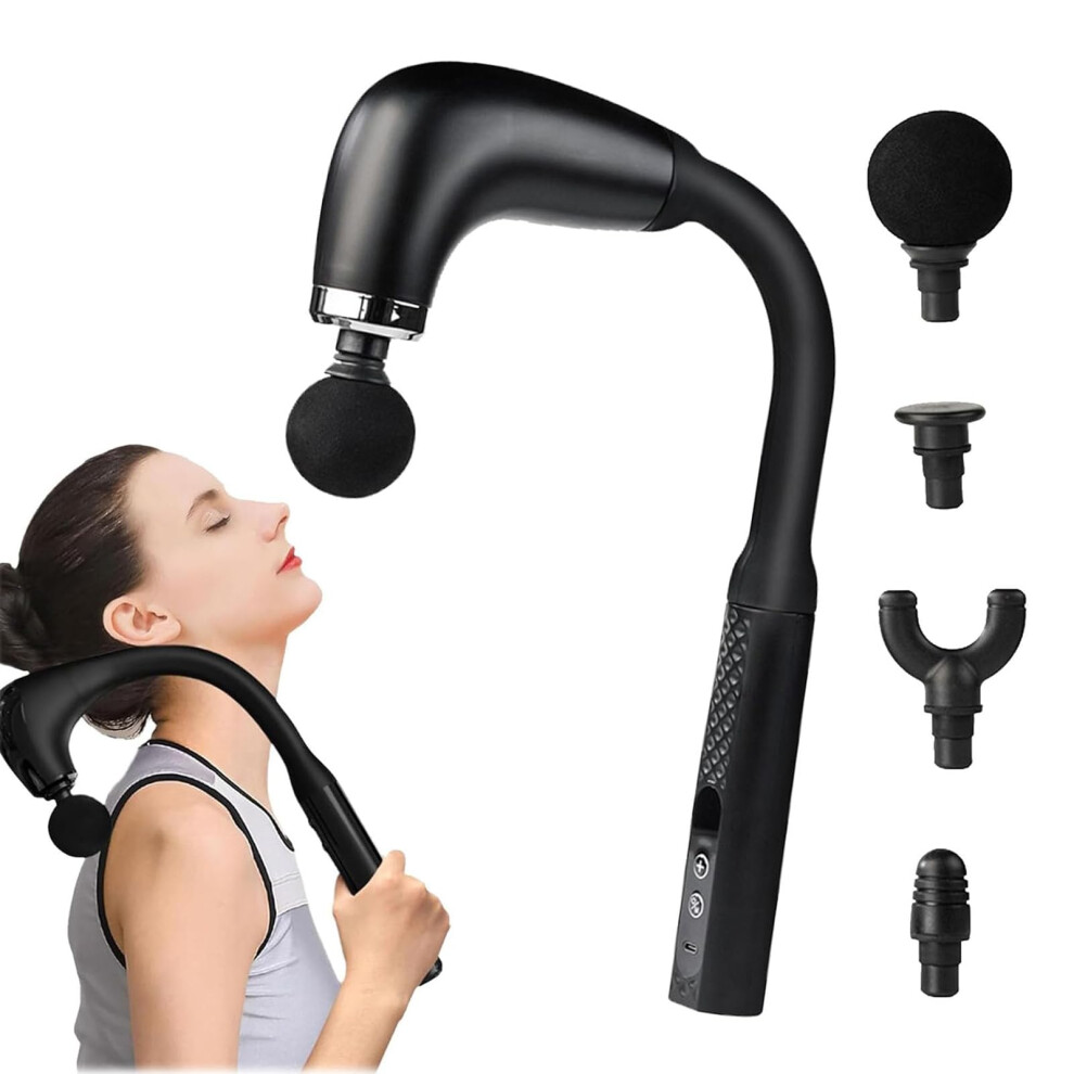 Black Massage Gun With Extension Handle, 4 Heads, 9 Speeds, Quiet Deep Tissue Percussion,