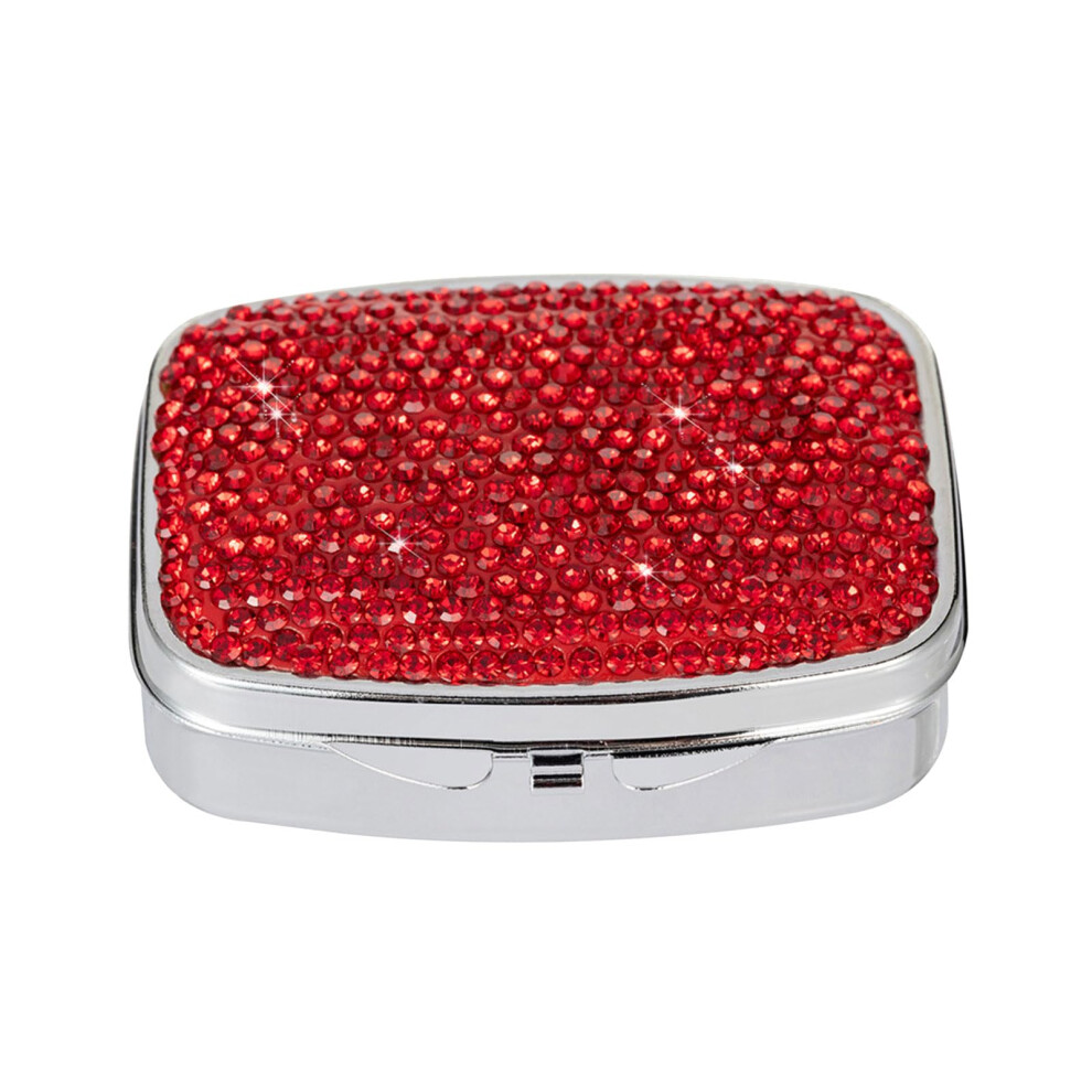 Portable Travel Pill Organizer with Crystal Diamond Design, 2 Compartments, Red Pill Case for Tablets and Pills