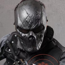 Halloween Skull Mask for Adults, Tactical Ghost Helmet with Metal Grid, Eye Protection, Black Natural Latex 3D Skeleton Headwear