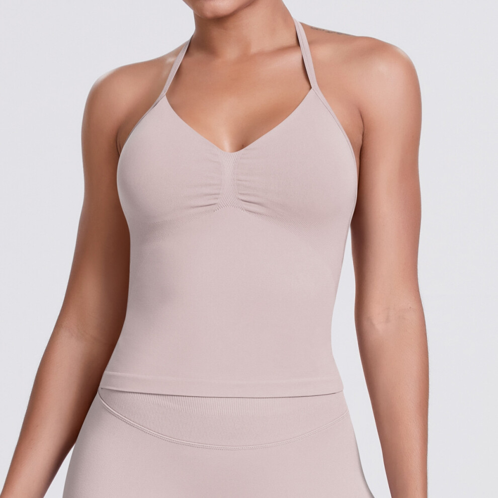 (Porcelain pink, XL) Seamless knitted solid color sexy beautiful back vest suspender running fitness sports vest yoga clothing top for women
