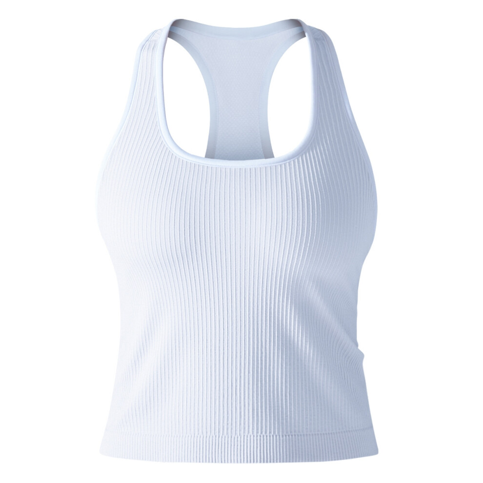 (White, L) Solid color threaded high-elastic tight racer-shaped vest sports running fitness yoga clothing top for women