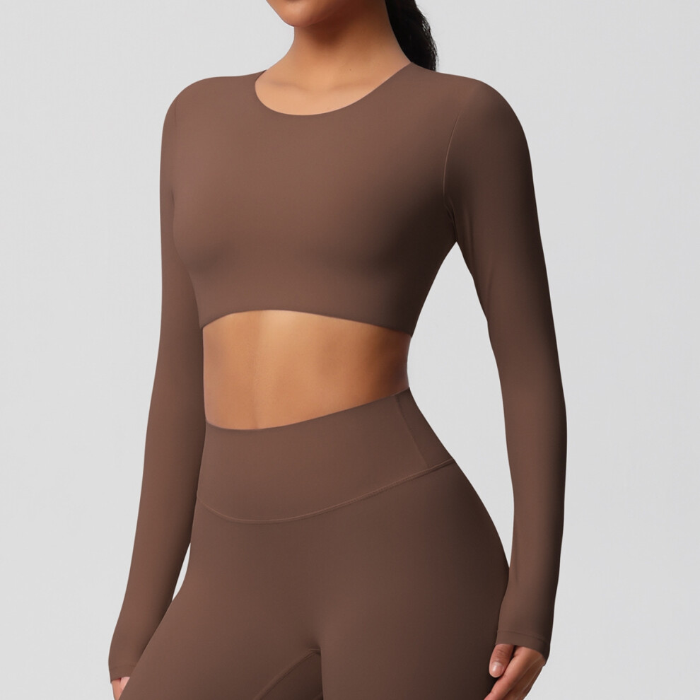 (Long Sleeve - Chestnut, L) Double-sided brushed tight-fitting long-sleeved yoga wear with chest pad, Pilates running sports long-sleeved top for women