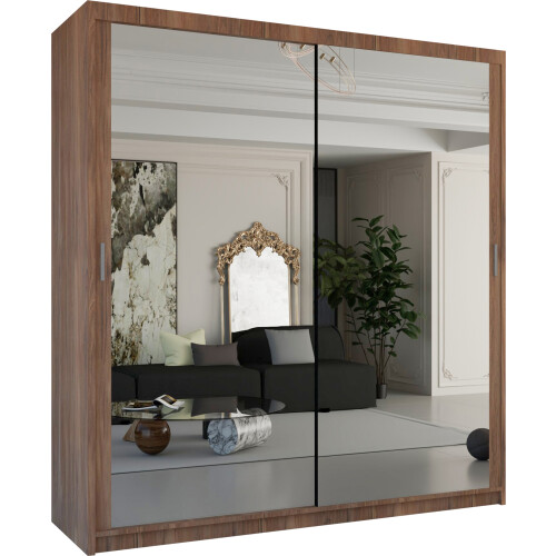(90cm Walnut) Chicago Sliding Double Mirror Door Wardrobe 2