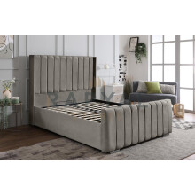 (5ft With Ottoman, With Mattress) Ottoman Storage Bed Panel Silver Plush Velvet Upholstered Bed Frame - Winged Vegas Headboard
