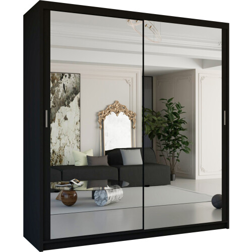 (150cm Black) Chicago Sliding Double Mirror Door Wardrobe 2