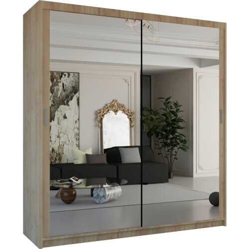 (203cm Oak) Chicago Sliding Double Mirror Door Wardrobe 2
