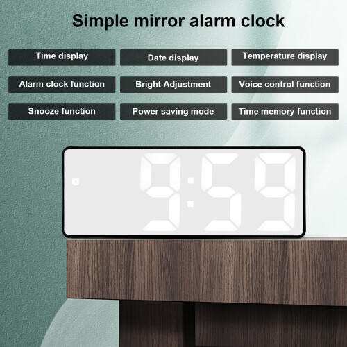 LED Mirror Alarm Clock USB Rechargeable Digital Table Clock Black & White 2