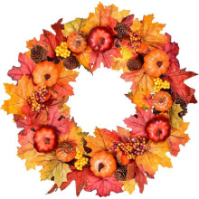 Artificial Plant 45cm Artificial Maple Wreath for Front Door, Fall Wreath Fall Maple Leaf Door Wreath with Maple Leaf Pumpkin Pine Cone Berry