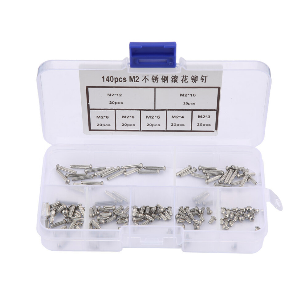 140pcs M2 Stainless Steel Round Head Knurled Shank