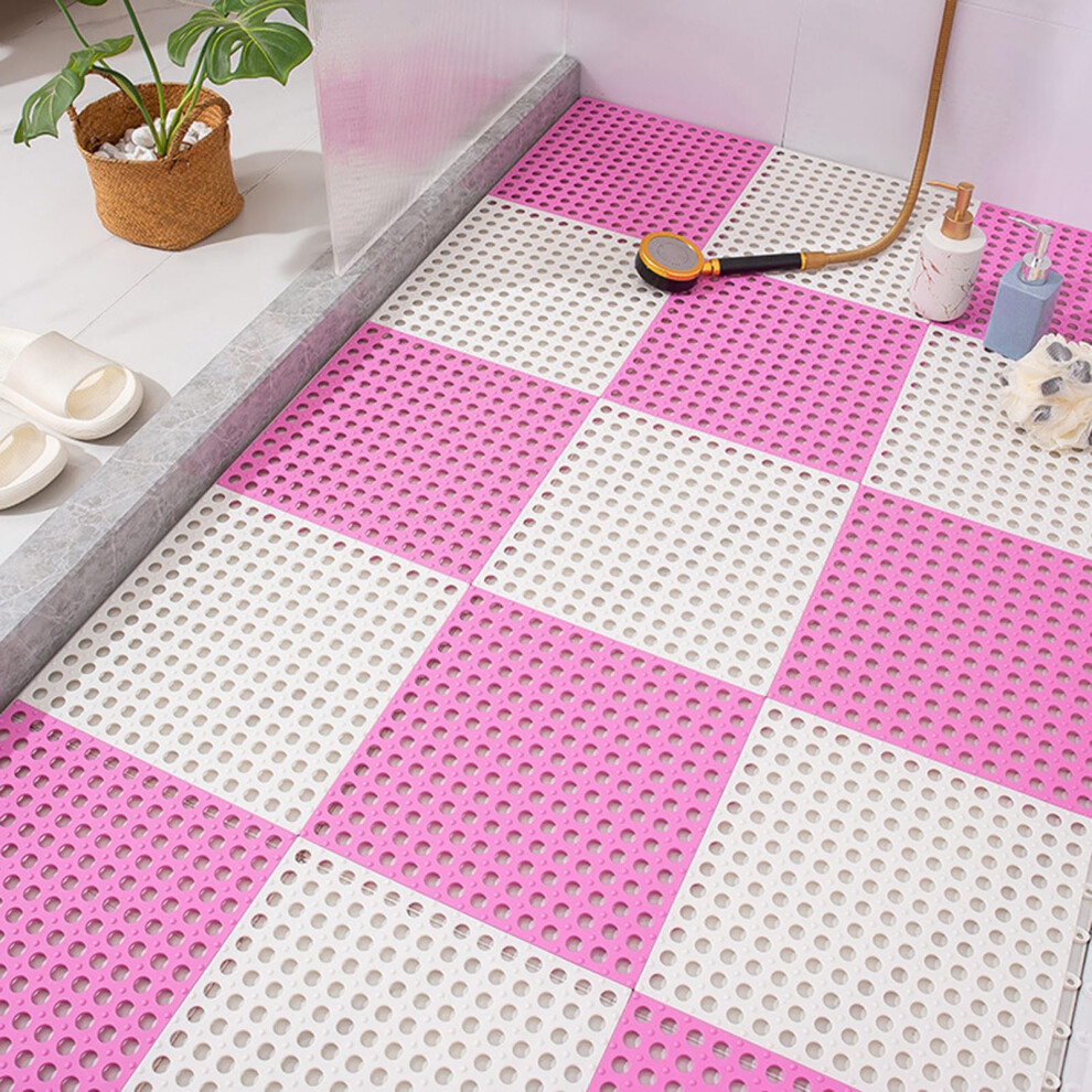 Non-Slip Interlocking Tiles 10 Pcs 12x12 Inch Waterproof Bathroom Floor Mat Pink and White for Home or Commercial Use-image-OPC-PK95FNY-NEW