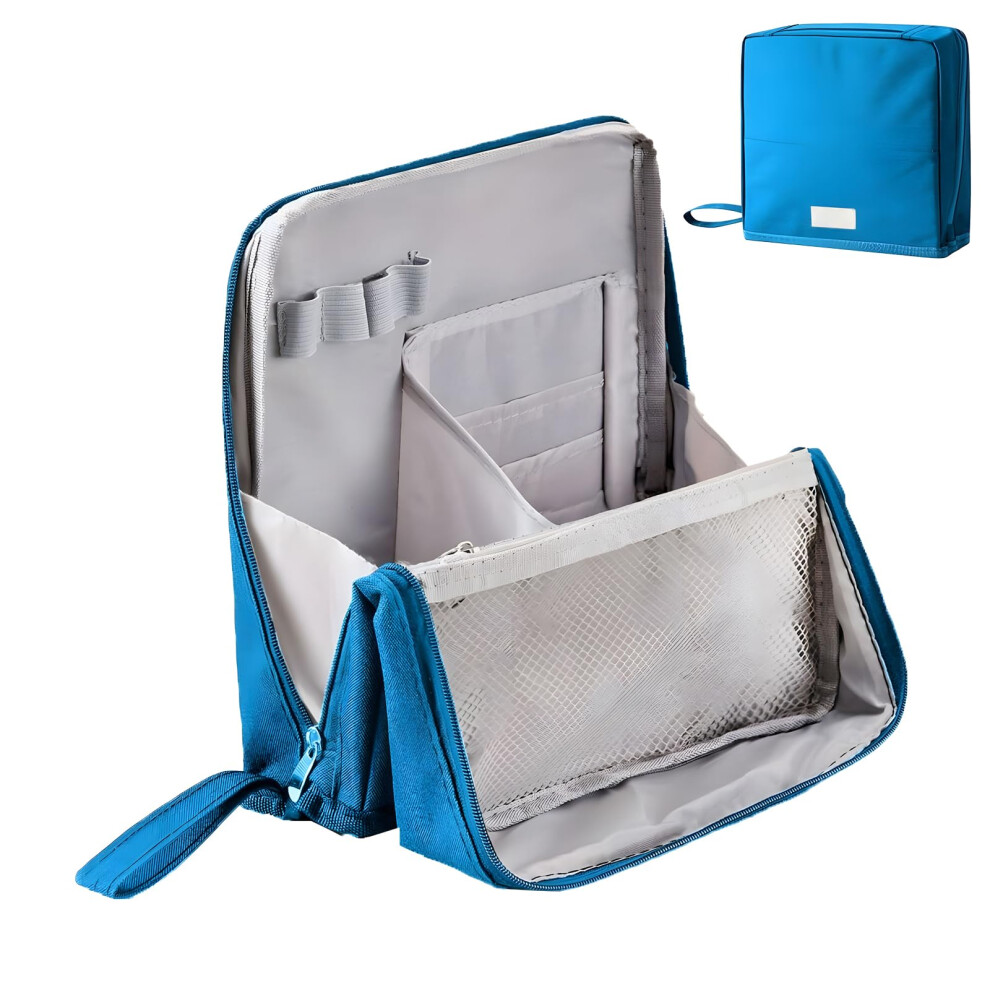 Blue Standing Makeup Bag, Portable Cosmetic Organizer With Large Capacity, Brush And Mirror Space, Peacock Travel Makeup Case