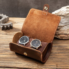 (Two pieces in brown) Three-piece genuine leather watch box, round buckle watch bag, outdoor portable couple watch storage box