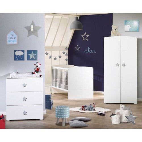 Commode à langer - Babyprice - Basic - 3 tiroirs - Blanche - Boutons étoiles grises 2