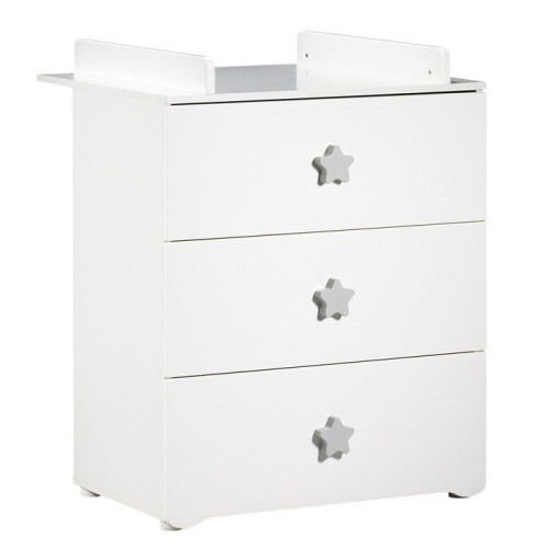 Commode à langer - Babyprice - Basic - 3 tiroirs - Blanche - Boutons étoiles grises