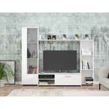 Móvel de TV parede PILVI - Partículas de melamina - Decoração branca mate - porta de vidro + 1 flap + 5 nichos - L220 x P41 x H177,5 cm