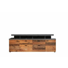 Móvel de TV MOOD 2 portas e 2 gavetas - Melamina de madeira envelhecida e cinza fosco - L 180 x 47 x 66 cm