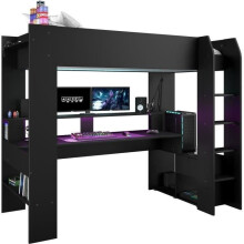 Cama alta combinada infantil LED Gamer ONLINE - 90 x 200 cm - Preto fosco - Base de cama incluída - PARISOT