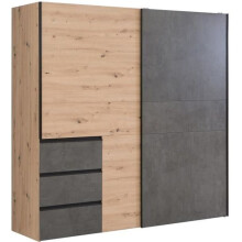 Armadio 2 porte scorrevoli 3 cassetti - Decorazione rovere artigianale e cemento grigio - L 200,1 x P 61,2 x H 200,5 cm - WINN2