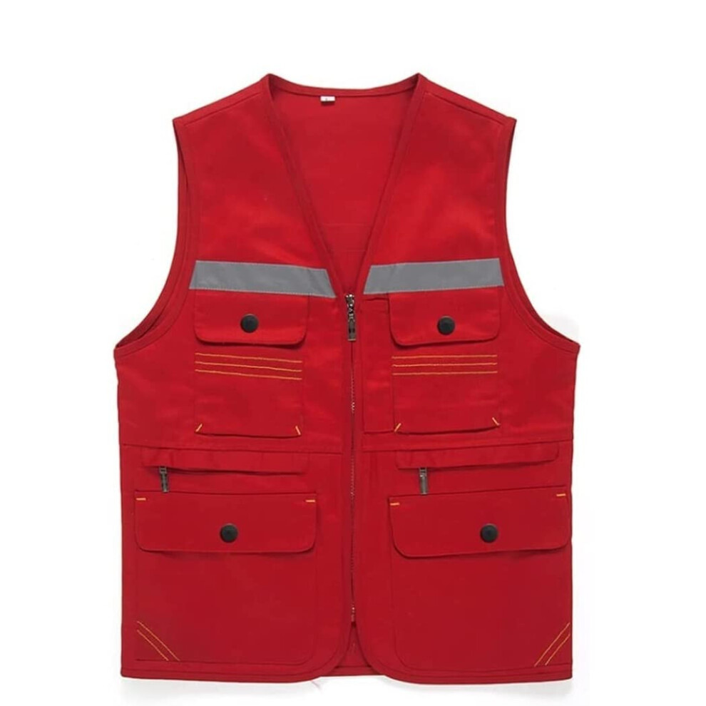 Reflective Safety Vest, High Visibility Construction Vest With Zipper And Pocket, Durable Surveyor Safety Vest, Red, Xx 6447073318764