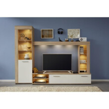 Conjunto de móvel para TV 3 peças LOGO - 1 Porta - LED - Melamina de carvalho claro e branco mate - L240 x P41 x H185 cm - TRENDTEAM
