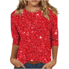 (XL, 01 Red) Sparkly Tops for Women UK 3/4 Sleeve Shirts Trendy Casual T-Shirts Sparkle Sequin Tops Evening Party Clubbing Tshirt Plus Size Glitter Tees Loose Fit