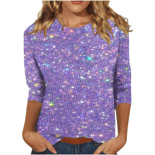(L, 03 Purple) Sparkly Tops for Women UK 3/4 Sleeve Shirts Trendy Casual T-Shirts Sparkle Sequin Tops Evening Party Clubbing Tshirt Plus Size Glitter Tees Loose Fit
