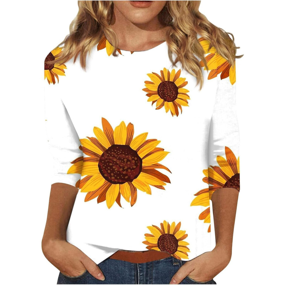 (3XL, Summer Tops 05 Yellow) Womens Tops Dressy Casual Shirts Crewneck 3/4 Length Sleeve T-Shirts Sunflower Print Tunic Tops Ladies Lightweight Trendy