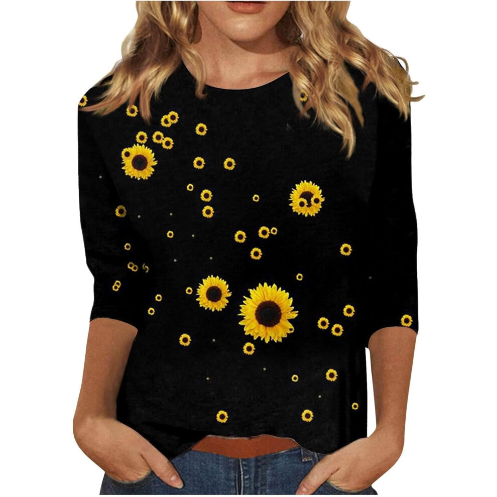 (3XL, Summer Tops 03 Black) Womens Tops Dressy Casual Shirts Crewneck 3/4 Length Sleeve T-Shirts Sunflower Print Tunic Tops Ladies Lightweight Trendy