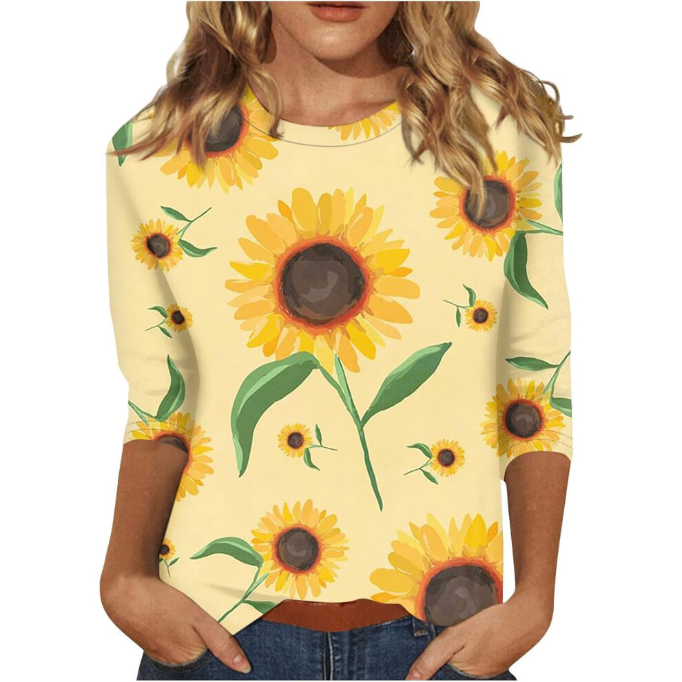 (3XL, Summer Tops 09 Yellow) Womens Tops Dressy Casual Shirts Crewneck 3/4 Length Sleeve T-Shirts Sunflower Print Tunic Tops Ladies Lightweight Trendy