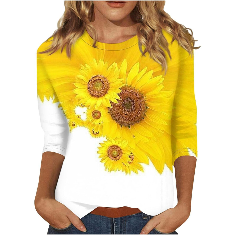 (XL, Summer Tops 11 Yellow) Womens Tops Dressy Casual Shirts Crewneck 3/4 Length Sleeve T-Shirts Sunflower Print Tunic Tops Ladies Lightweight Trendy