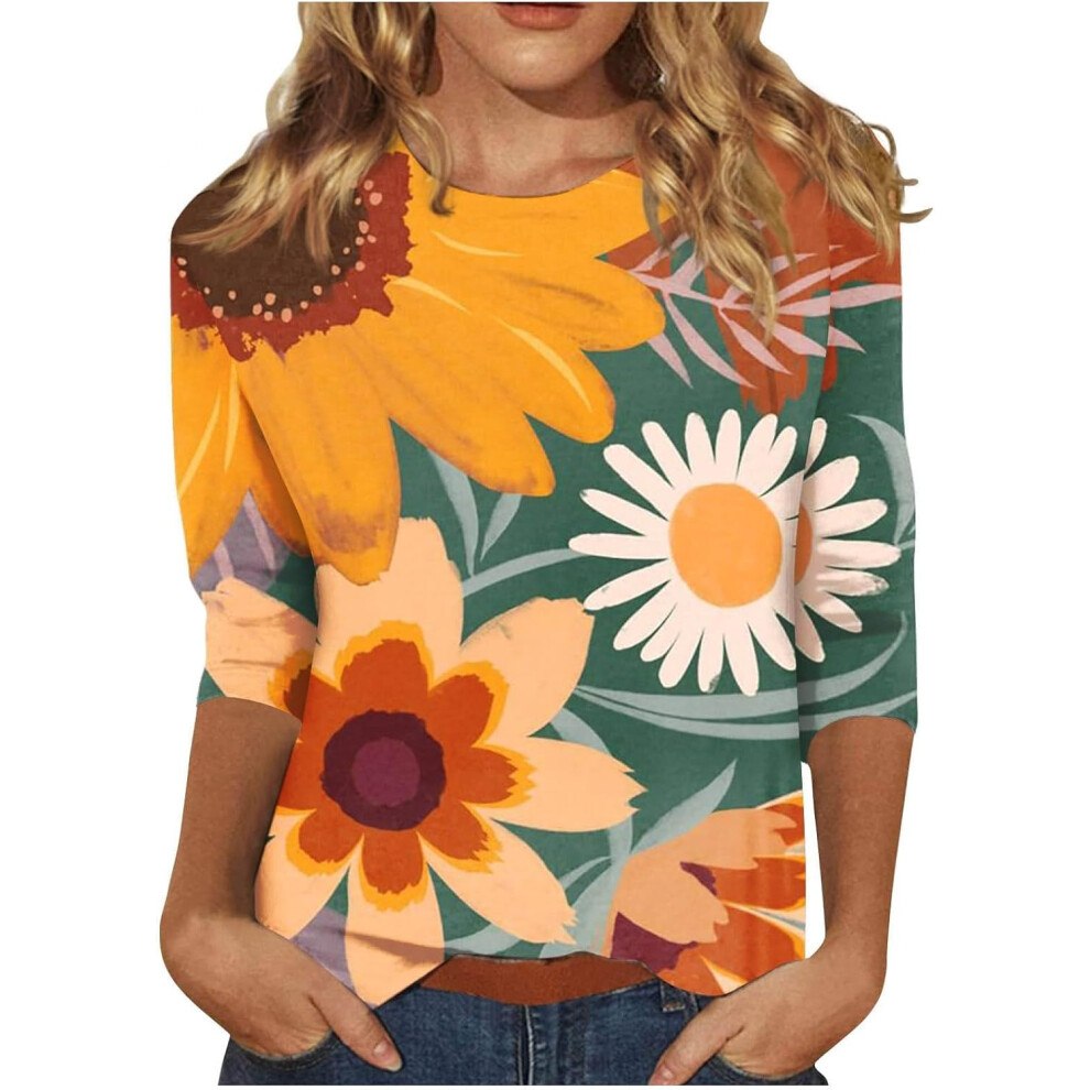 (XXL, Summer Tops 04 Yellow) Womens Tops Dressy Casual Shirts Crewneck 3/4 Length Sleeve T-Shirts Sunflower Print Tunic Tops Ladies Lightweight Trendy
